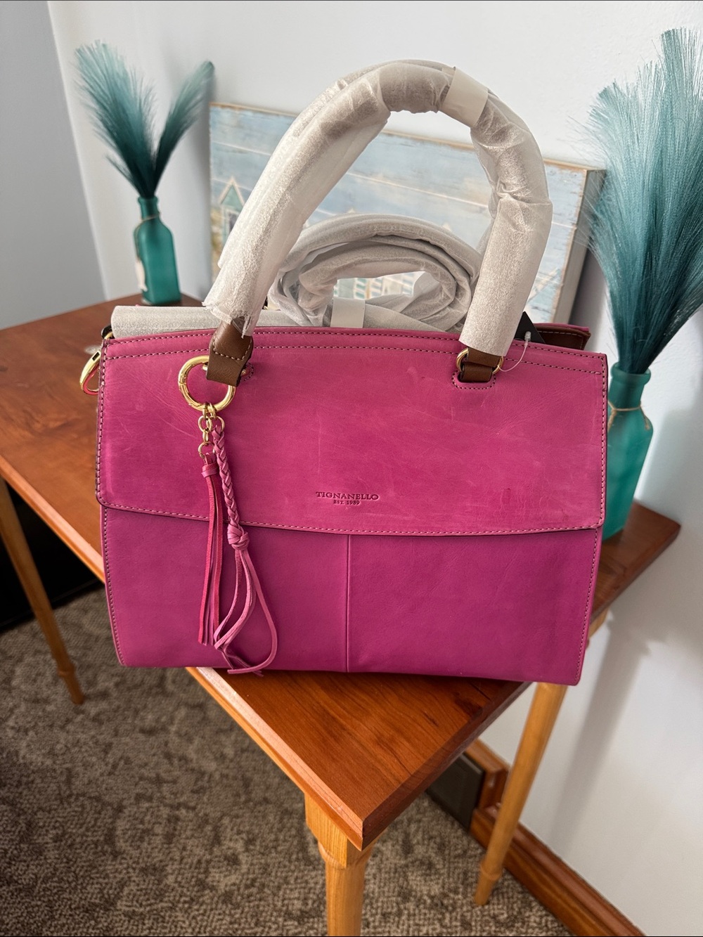 Tignanello Fuchsia Leather Top-Handle Satchel with Tassel